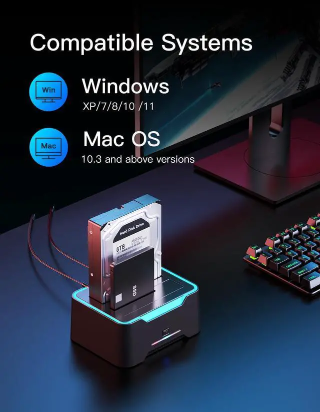 Alt view image 4 of 6 - High Performance RGB SATA to USB 3.0 Hard Drive Docking Station with Offline Clone, USB 3.0 to SATA I/II/III Dual Bay External SSD/HDD Dock for 2.5/3.5 SATA HDD/SSD, With UASP,Hard Drive Duplicator
