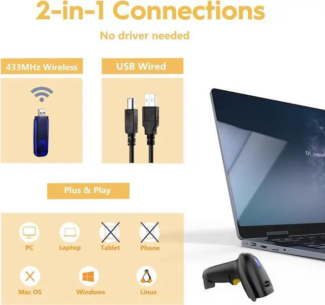 Alt view image 6 of 7 - 2026 Updated Wireless Barcode Scanner 328 Feet Transmission Distance USB Cordless 1D Laser Automatic Barcode Reader Handhold Bar Code Scanner with USB Receiver for Store, Supermarket, Warehouse