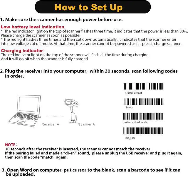 Alt view image 7 of 7 - 2026 Updated Wireless Barcode Scanner 328 Feet Transmission Distance USB Cordless 1D Laser Automatic Barcode Reader Handhold Bar Code Scanner with USB Receiver for Store, Supermarket, Warehouse