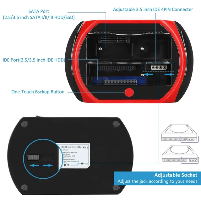 Alt view image 5 of 7 - 2026 Hard Drive Docking Station For SATA and IDE, USB to 2.5/3.5'' SATA IDE Dual bay External Enclosure, All in 1 Card Reader XD/TF/MS/CF/ SD card, USB Hub function for 2.5" 3.5" IDE SATA I/II/III HDD
