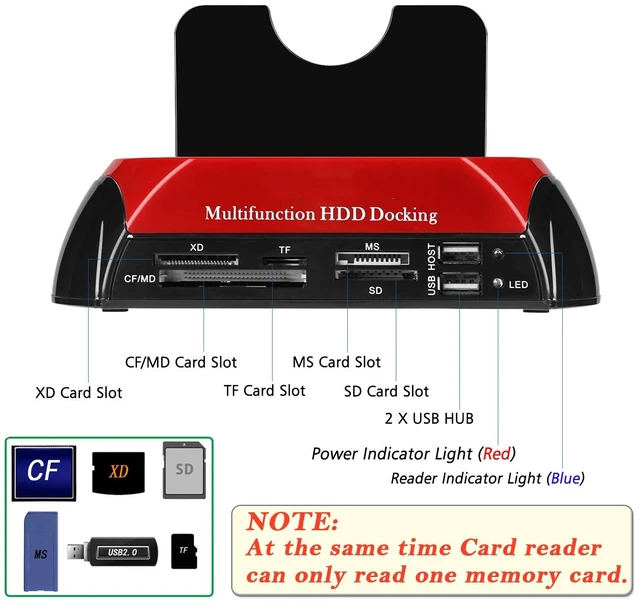 Alt view image 2 of 7 - 2026 Hard Drive Docking Station For SATA and IDE, USB to 2.5/3.5'' SATA IDE Dual bay External Enclosure, All in 1 Card Reader XD/TF/MS/CF/ SD card, USB Hub function for 2.5" 3.5" IDE SATA I/II/III HDD