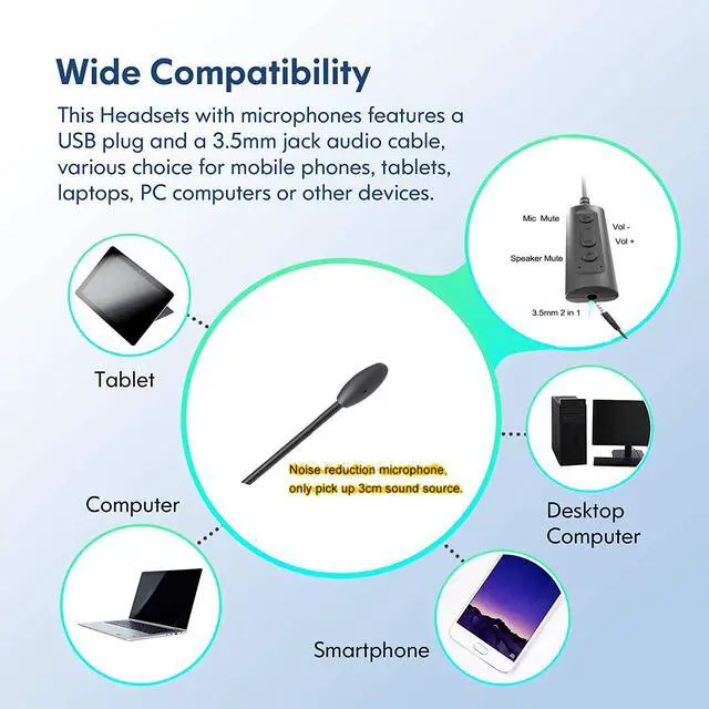 Alt view image 6 of 9 - WIILGN 109U Computer USB Binaural Headset with Microphone Noise Cancelling, Headphones Wired 3.5mm Jack Over Ear, Headset Mute Button for Call Center Skype Webinar