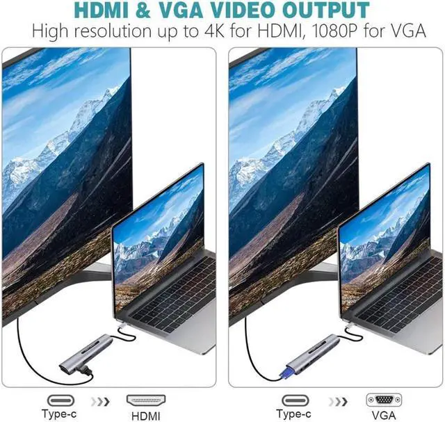 Alt view image 5 of 7 - WIILGN 9 in 1 Multiport USB C Hub, MacBook Adapter Dongle, USB 3.0 4K HDMI Type-C to VGA, 3.5mm Audio TF Card Reader Splitter, Dock PD Charger Hubs