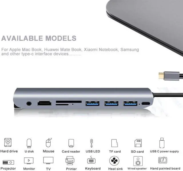 Alt view image 2 of 7 - WIILGN 9 in 1 Multiport USB C Hub, MacBook Adapter Dongle, USB 3.0 4K HDMI Type-C to VGA, 3.5mm Audio TF Card Reader Splitter, Dock PD Charger Hubs