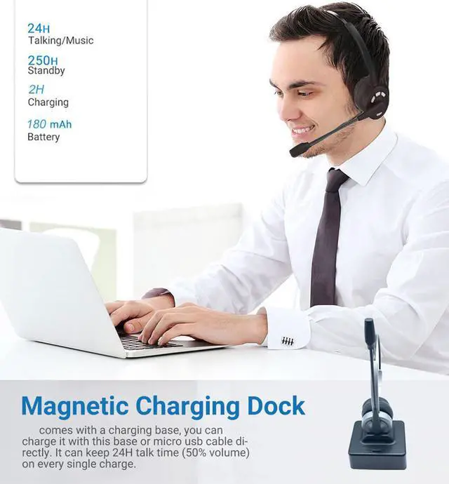Alt view image 2 of 7 - WIILGN Binaural Wireless Trucker Headphones with Boom Noise Cancelling Mic, Call Center Bluetooth 5.0 Telephone Headset, Charging Base Hands-Free Call Mute Headset for Office Phone and Computer