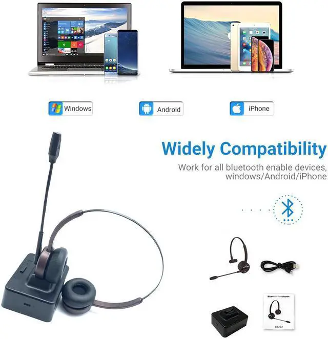 Alt view image 7 of 7 - WIILGN Binaural Wireless Trucker Headphones with Boom Noise Cancelling Mic, Call Center Bluetooth 5.0 Telephone Headset, Charging Base Hands-Free Call Mute Headset for Office Phone and Computer