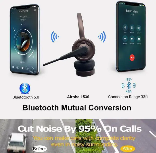Alt view image 5 of 7 - WIILGN Binaural Wireless Trucker Headphones with Boom Noise Cancelling Mic, Call Center Bluetooth 5.0 Telephone Headset, Charging Base Hands-Free Call Mute Headset for Office Phone and Computer