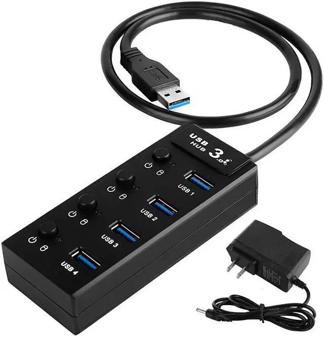 Main image of WIILGN 4-Port USB 3.0 Hub, Powered Data USB Hub with 2 ft Extended Cable 5V2A Adapter, Sub-control Individual Switches Upto 5Gbps USB Splitter for MacBook, Surface Pro, Flash Drive