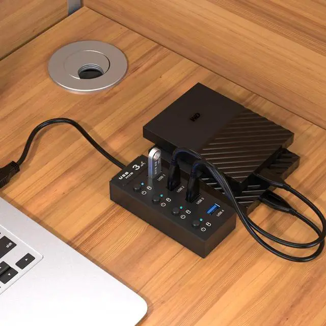 Alt view image 7 of 8 - WIILGN 4-Port USB 3.0 Hub, Powered Data USB Hub with 2 ft Extended Cable 5V2A Adapter, Sub-control Individual Switches Upto 5Gbps USB Splitter for MacBook, Surface Pro, Flash Drive