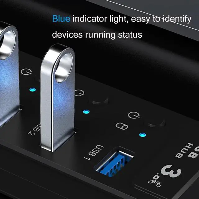 Alt view image 2 of 8 - WIILGN 4-Port USB 3.0 Hub, Powered Data USB Hub with 2 ft Extended Cable 5V2A Adapter, Sub-control Individual Switches Upto 5Gbps USB Splitter for MacBook, Surface Pro, Flash Drive