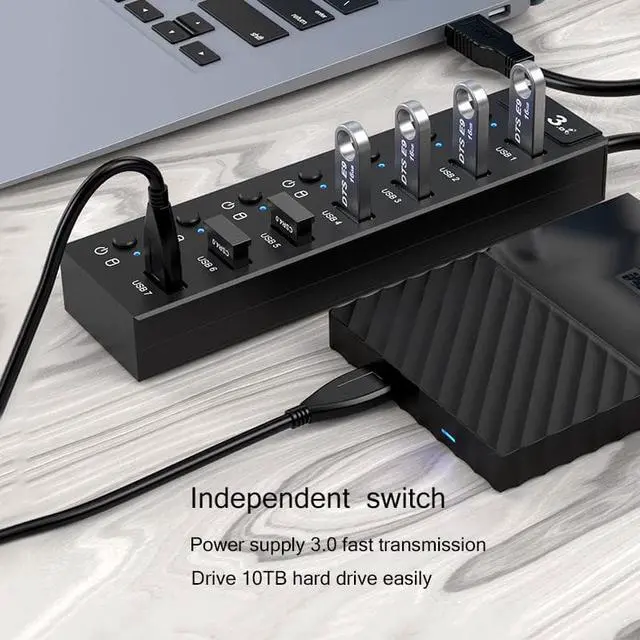 Alt view image 3 of 8 - WIILGN 4-Port USB 3.0 Hub, Powered Data USB Hub with 2 ft Extended Cable 5V2A Adapter, Sub-control Individual Switches Upto 5Gbps USB Splitter for MacBook, Surface Pro, Flash Drive