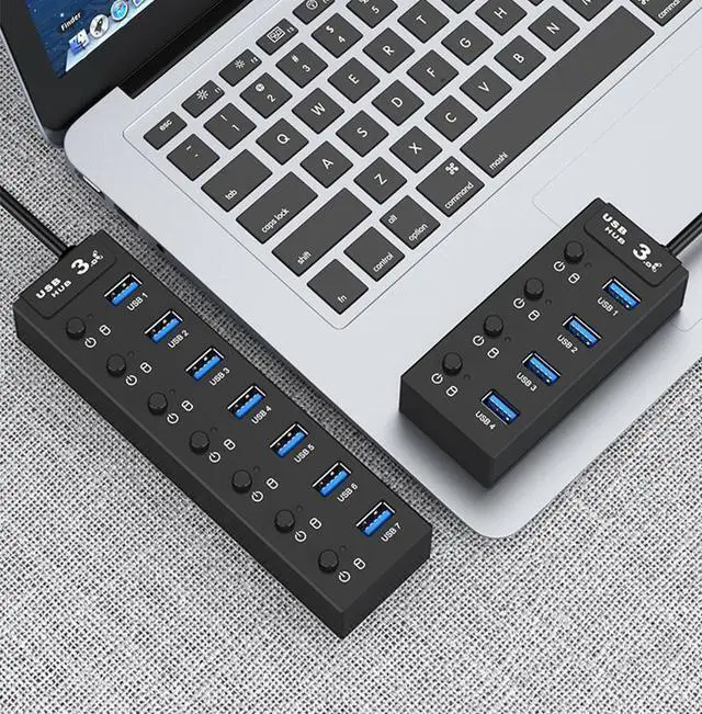 Alt view image 6 of 8 - WIILGN 4-Port USB 3.0 Hub, Powered Data USB Hub with 2 ft Extended Cable 5V2A Adapter, Sub-control Individual Switches Upto 5Gbps USB Splitter for MacBook, Surface Pro, Flash Drive