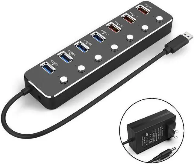 Main image of WIILGN Aluminum Alloy 7 Port USB 3.0 Hub, 4*USB 3.0 Splitter 3*USB DC 5V 2.4A Fast Charging, Independent Power Switch LED Indicator Hub Extender, 60cm Cable With 12V 2A Adapter
