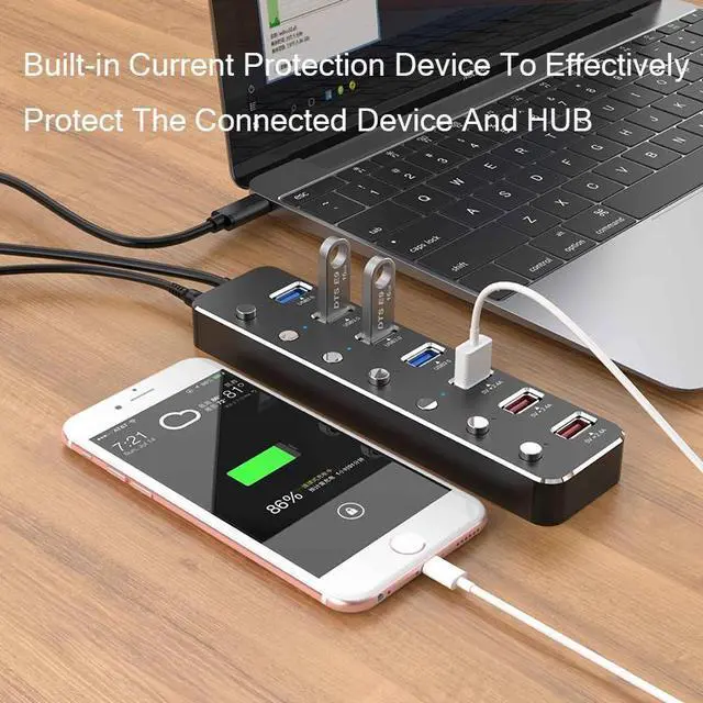 Alt view image 6 of 7 - WIILGN Aluminum Alloy 10 Ports USB 3.0 Hub Sub-control, 7*USB 3.0 Splitter 3*USB DC 5V 2.4A Fast Charging, Independent Power Switch LED Indicator Hub Extender, 120cm Cable With 12V 3A Adapter