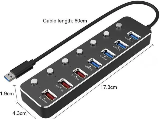 Alt view image 7 of 8 - WIILGN Aluminum Alloy 7 Port USB 3.0 Hub, 4*USB 3.0 Splitter 3*USB DC 5V 2.4A Fast Charging, Independent Power Switch LED Indicator Hub Extender, 60cm Cable With 12V 2A Adapter