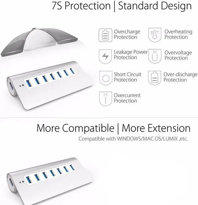 Alt view image 6 of 8 - WIILGN 7-Port Aluminum Alloy USB 3.0 Hub, Portable Bevel USB 3.0 High Speed Data Hub With Power Adapter, Multi-interface USB Splitter for PC Computer Laptop Macbook