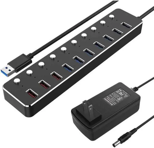 Main image of WIILGN Aluminum Alloy 10 Ports USB 3.0 Hub Sub-control, 7*USB 3.0 Splitter 3*USB DC 5V 2.4A Fast Charging, Independent Power Switch LED Indicator Hub Extender, 120cm Cable With 12V 3A Adapter