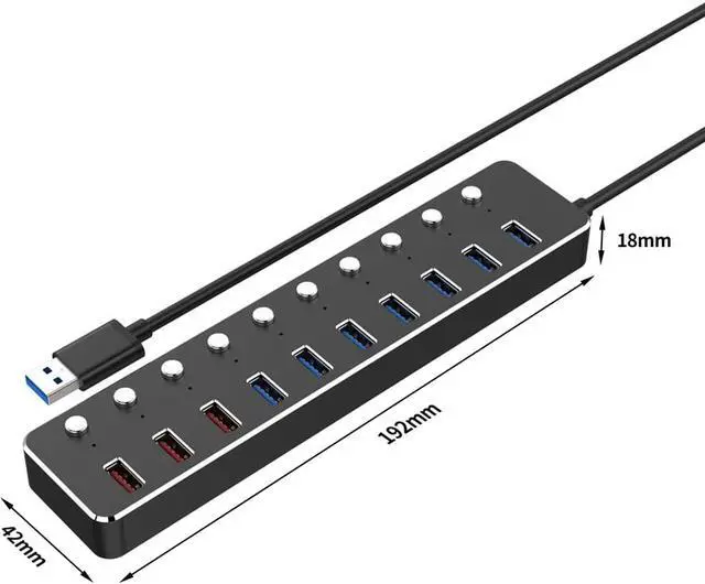 Alt view image 4 of 7 - WIILGN Aluminum Alloy 10 Ports USB 3.0 Hub Sub-control, 7*USB 3.0 Splitter 3*USB DC 5V 2.4A Fast Charging, Independent Power Switch LED Indicator Hub Extender, 120cm Cable With 12V 3A Adapter