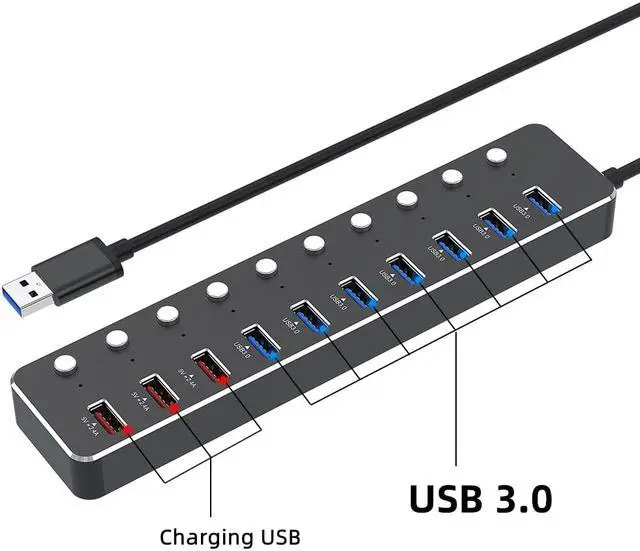 Alt view image 2 of 7 - WIILGN Aluminum Alloy 10 Ports USB 3.0 Hub Sub-control, 7*USB 3.0 Splitter 3*USB DC 5V 2.4A Fast Charging, Independent Power Switch LED Indicator Hub Extender, 120cm Cable With 12V 3A Adapter