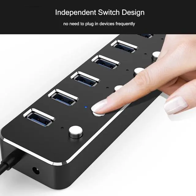 Alt view image 3 of 7 - WIILGN Aluminum Alloy 10 Ports USB 3.0 Hub Sub-control, 7*USB 3.0 Splitter 3*USB DC 5V 2.4A Fast Charging, Independent Power Switch LED Indicator Hub Extender, 120cm Cable With 12V 3A Adapter