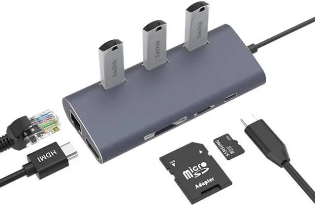 Main image of WIILGN 8 in 1 Multi-function Aluminum USB C Hub, 3-Port USB 3.0 Hub, HDMI  SD/TF Card Reader RJ45 1000M PD Charging, Portable Bevel High Speed Data USB Hub Splitter