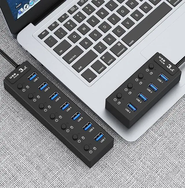 Alt view image 7 of 7 - WIILGN 7-Port USB 3.0 Hub, Powered Data USB Hub with 2 ft Extended Cable 5V2A Adapter, Sub-control Individual On/Off Switches Upto 5Gbps USB Splitter for MacBook, Surface Pro, Flash Drive