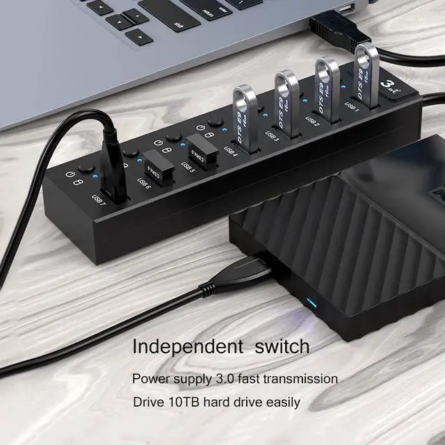 Alt view image 4 of 7 - WIILGN 7-Port USB 3.0 Hub, Powered Data USB Hub with 2 ft Extended Cable 5V2A Adapter, Sub-control Individual On/Off Switches Upto 5Gbps USB Splitter for MacBook, Surface Pro, Flash Drive