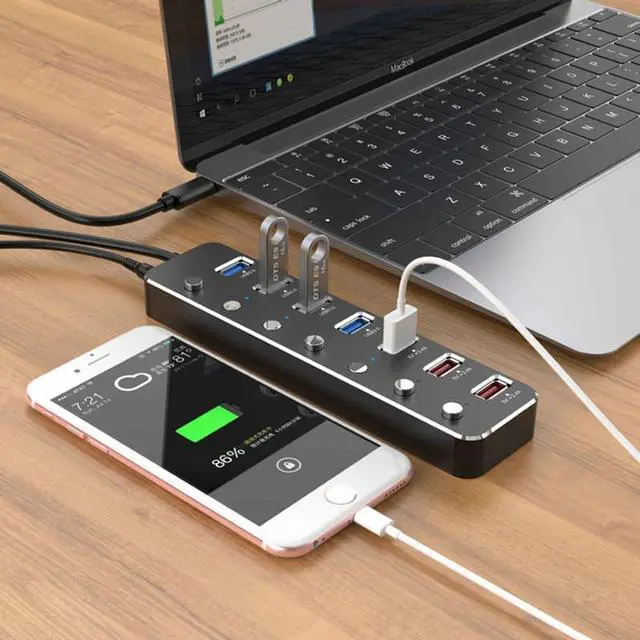 Alt view image 5 of 8 - WIILGN Aluminum Alloy 7 Port USB 3.0 Hub, 4*USB 3.0 Splitter 3*USB DC 5V 2.4A Fast Charging, Independent Power Switch LED Indicator Hub Extender, 60cm Cable With 12V 2A Adapter