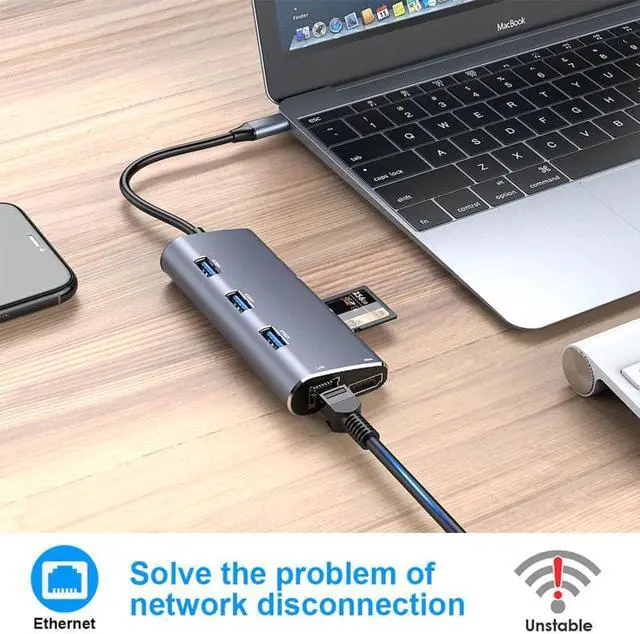 Alt view image 4 of 7 - WIILGN 8 in 1 Multi-function Aluminum USB C Hub, 3-Port USB 3.0 Hub, HDMI  SD/TF Card Reader RJ45 1000M PD Charging, Portable Bevel High Speed Data USB Hub Splitter