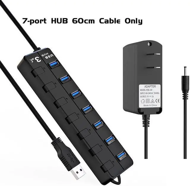 Alt view image 9 of 9 - USB 3.0 Hub, DEFEILIN 7 Port Powered USB Hub Expander Aluminum USB 3.0 Data Port hub with Universal 5V AC Adapter and Individual On/Off Switches USB Splitter for Laptop and PC(Black)