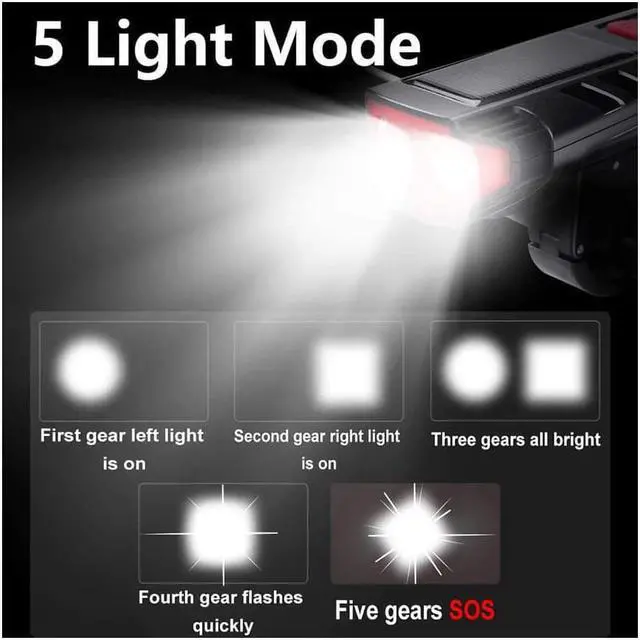 Alt view image 5 of 7 - WIILGN Solar Powered Led Bicycle Front Headlight with Horn, USB Rechargeable Waterproof Bike Light for Night Riding, 5 Modes Cycling Lamp Flashlight