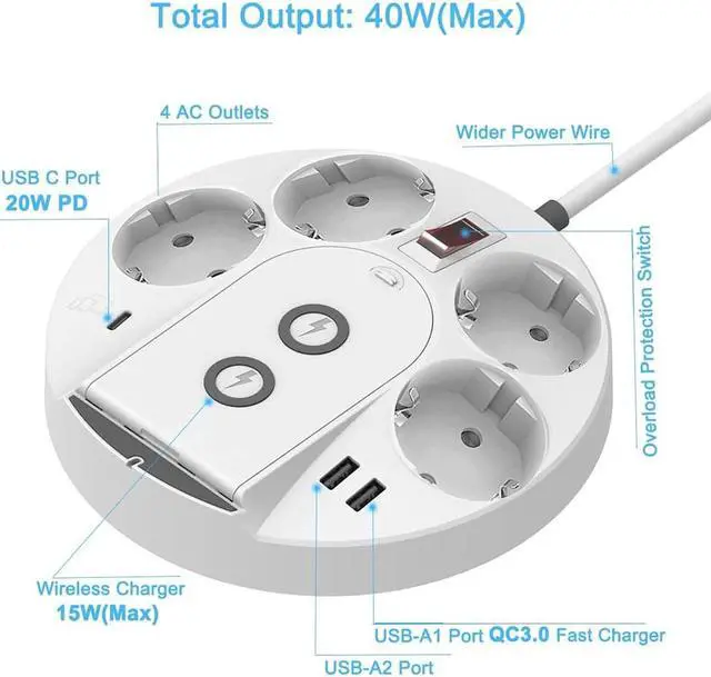 Alt view image 2 of 8 - Wireless Charger Power Strip, 40W EU Plug Surge Protector, 5 Ft Extension Cord with 4 Outlets & 2 USBs, 1 Type C, Overload Switch, Desktop Charging Station for iPhone, Home, Office, Hotel EU Plug