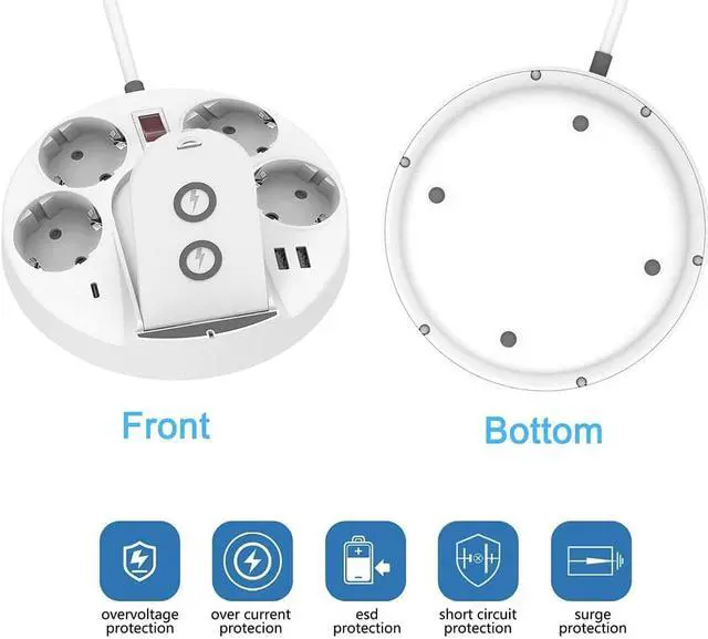 Alt view image 4 of 8 - Wireless Charger Power Strip, 40W EU Plug Surge Protector, 5 Ft Extension Cord with 4 Outlets & 2 USBs, 1 Type C, Overload Switch, Desktop Charging Station for iPhone, Home, Office, Hotel EU Plug