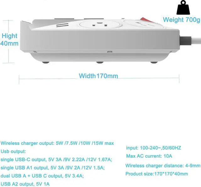 Alt view image 7 of 8 - Wireless Charger Power Strip, 40W EU Plug Surge Protector, 5 Ft Extension Cord with 4 Outlets & 2 USBs, 1 Type C, Overload Switch, Desktop Charging Station for iPhone, Home, Office, Hotel EU Plug