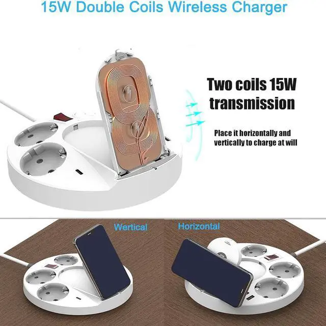 Alt view image 5 of 8 - Wireless Charger Power Strip, 40W EU Plug Surge Protector, 5 Ft Extension Cord with 4 Outlets & 2 USBs, 1 Type C, Overload Switch, Desktop Charging Station for iPhone, Home, Office, Hotel EU Plug
