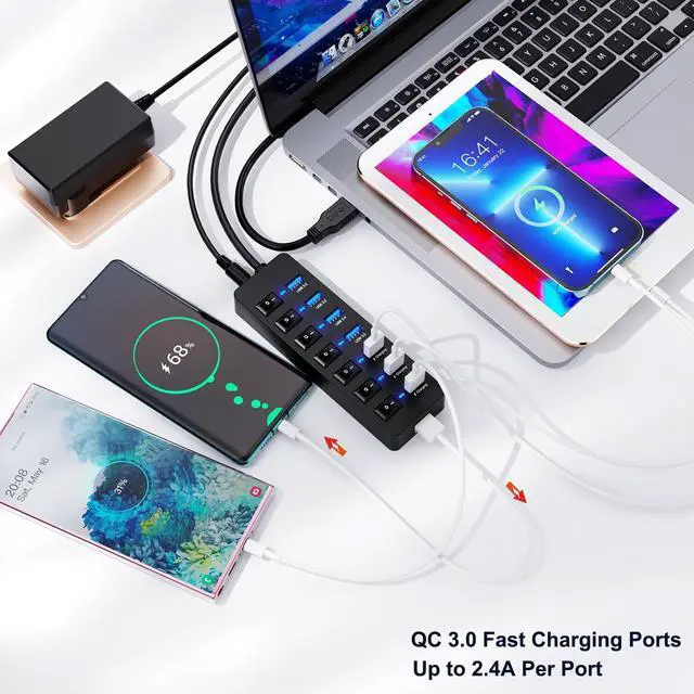 Alt view image 3 of 6 - USB 3.0 Hub Powered 8 Port LED Lights Data Hub Extender,USB Splitter with Individual Switches and 12V AC Adapter,48W QC 3.0 3 Power IQ Charging Ports for Android,iPhone,iPad