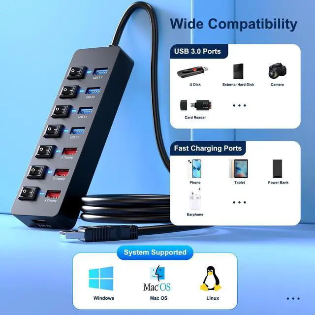 Alt view image 6 of 6 - USB 3.0 Hub Powered 8 Port LED Lights Data Hub Extender,USB Splitter with Individual Switches and 12V AC Adapter,48W QC 3.0 3 Power IQ Charging Ports for Android,iPhone,iPad