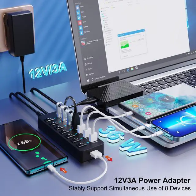 Alt view image 4 of 6 - USB 3.0 Hub Powered 8 Port LED Lights Data Hub Extender,USB Splitter with Individual Switches and 12V AC Adapter,48W QC 3.0 3 Power IQ Charging Ports for Android,iPhone,iPad