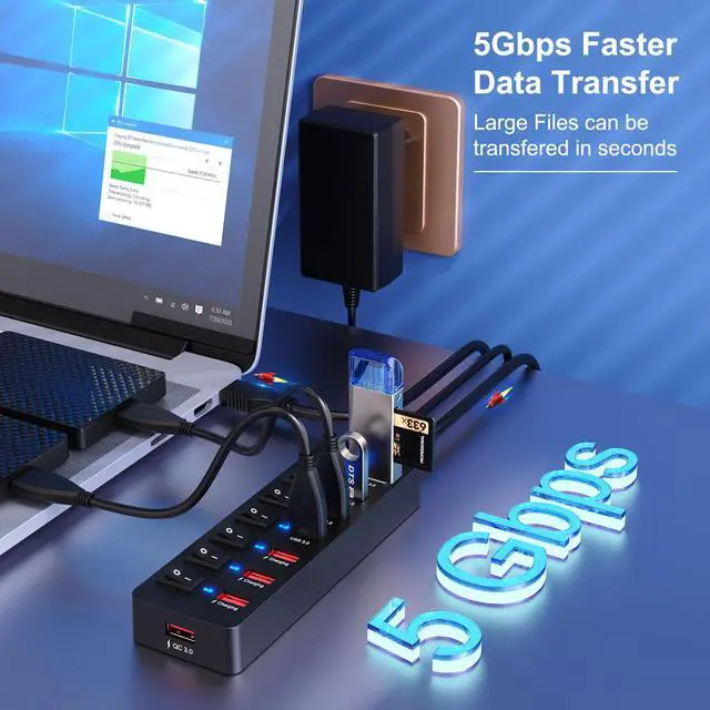 Alt view image 5 of 6 - USB 3.0 Hub Powered 8 Port LED Lights Data Hub Extender,USB Splitter with Individual Switches and 12V AC Adapter,48W QC 3.0 3 Power IQ Charging Ports for Android,iPhone,iPad