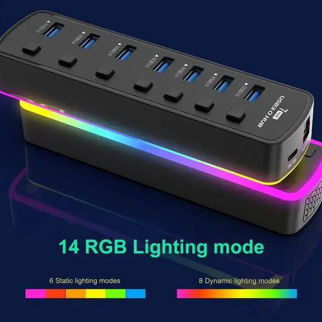 Alt view image 3 of 7 - WIILGN Laptop LED Indicator USB Docking Station, 7-Port Powered USB 3.0 Hub with RBG Light, Multiport Independent Switch High Speed USB Hub Adapter Computer Accessories