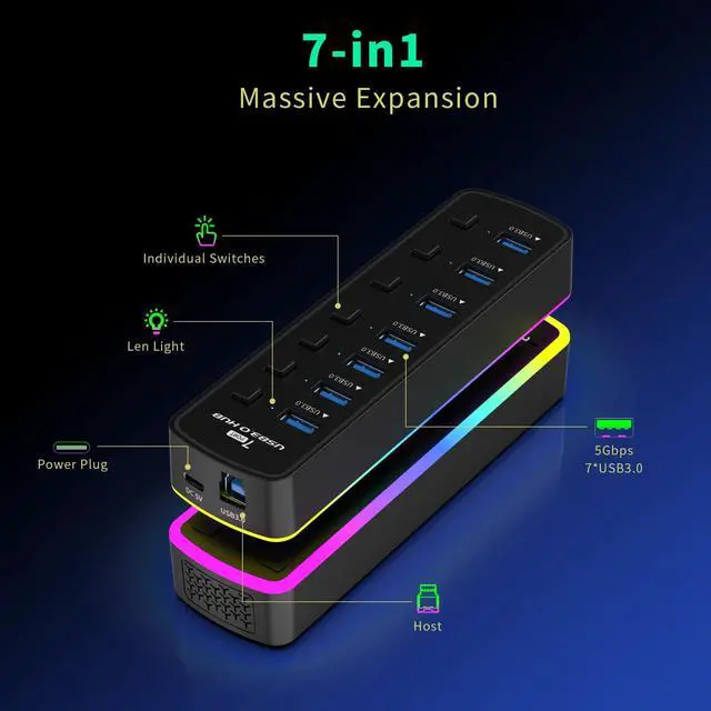 Alt view image 2 of 7 - WIILGN Laptop LED Indicator USB Docking Station, 7-Port Powered USB 3.0 Hub with RBG Light, Multiport Independent Switch High Speed USB Hub Adapter Computer Accessories