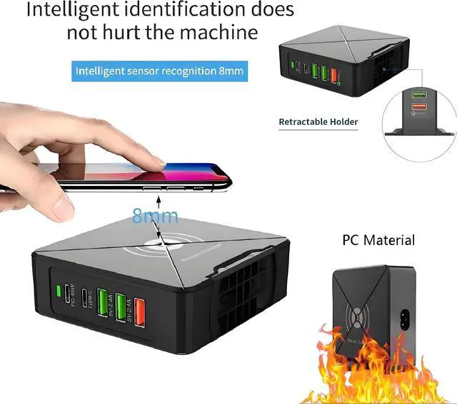 Alt view image 3 of 7 - WIILGN Multi Wall Charger Power Adapter for Cell Phones,5 Port 75W Usb-c PD Wireless Charging Station Hub Brick,QC3.0 Charger Block for MacBook iPad iPhone