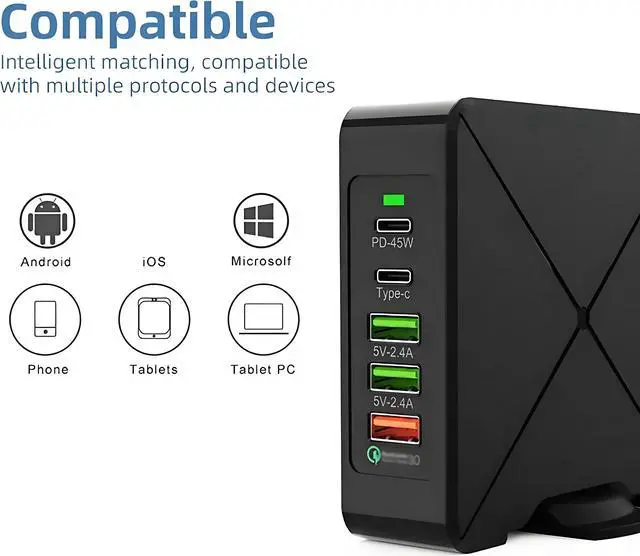 Alt view image 7 of 7 - WIILGN Multi Wall Charger Power Adapter for Cell Phones,5 Port 75W Usb-c PD Wireless Charging Station Hub Brick,QC3.0 Charger Block for MacBook iPad iPhone