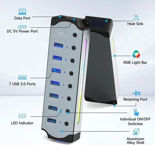 Alt view image 2 of 7 - WIILGN 7-Port USB 3.0 RGB Hub with 14 Color LED Strip and Independent Switches - Aluminum Gaming Hub for PC and Laptops