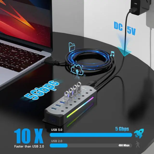 Alt view image 3 of 7 - WIILGN 7-Port USB 3.0 RGB Hub with 14 Color LED Strip and Independent Switches - Aluminum Gaming Hub for PC and Laptops
