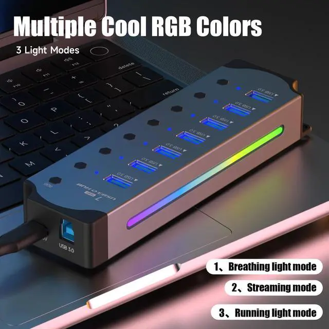 Alt view image 4 of 7 - WIILGN 7-Port USB 3.0 RGB Hub with 14 Color LED Strip and Independent Switches - Aluminum Gaming Hub for PC and Laptops
