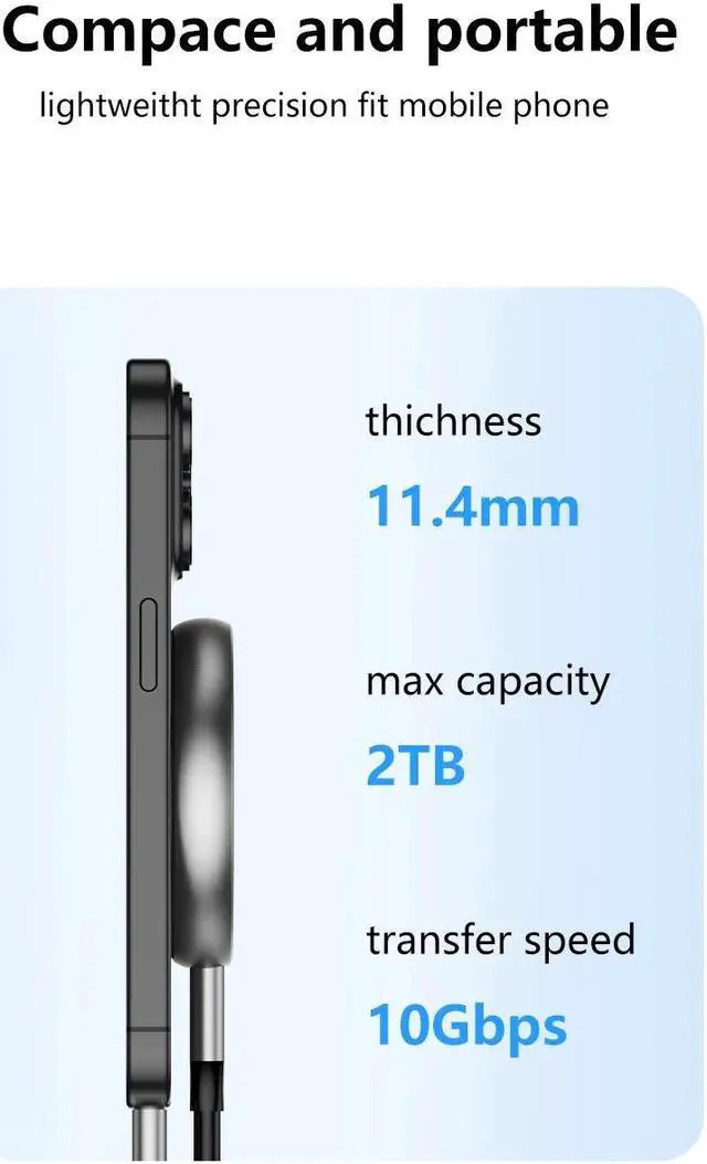 Alt view image 2 of 7 - WIILGN Magnetic M.2 2230 2242 NVMe SSD Enclosure for iPhone 15 16 Pro Max,PD 100W Type C USB 3.1 10Gb/s,Aluminum Alloy SSD Case