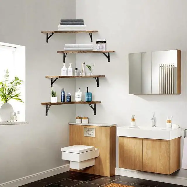 Alt view image 3 of 5 - FstNiceTed Rustic Corner Floating Shelves 4 Pack - Paulownia Wood Wall Shelves with Triangular Metal Brackets, 88lbs Capacity - Multifunctional Storage for Bedroom, Kitchen, Living Roo