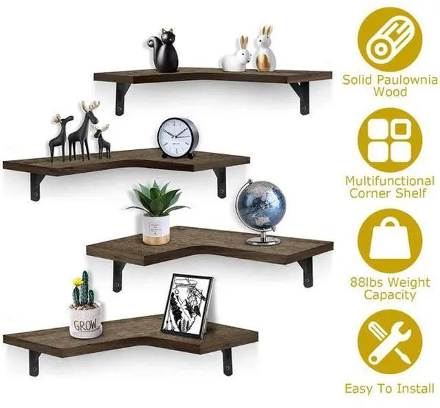 Alt view image 4 of 5 - FstNiceTed Rustic Corner Floating Shelves 4 Pack - Paulownia Wood Wall Shelves with Triangular Metal Brackets, 88lbs Capacity - Multifunctional Storage for Bedroom, Kitchen, Living Roo