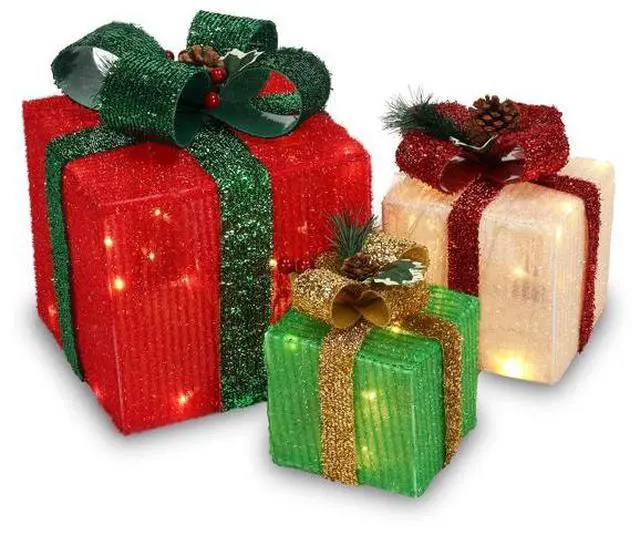 Alt view image 5 of 5 - FstNiceTed holiday decorations Box ABS Plastic Frame LED60 Light Warm White Light Three-Piece Set Onion Cloth Christmas Gift Box